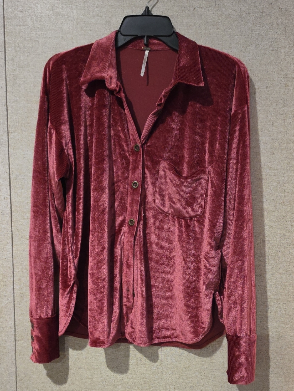 Free People Velvet Button-Up Shirt Jacket in Wine
